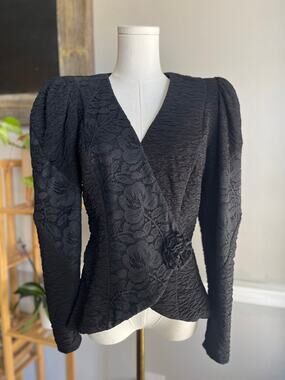 Vintage 90s Structured Wrap Blouse Black Lace Crinkle Gauze Size Medium